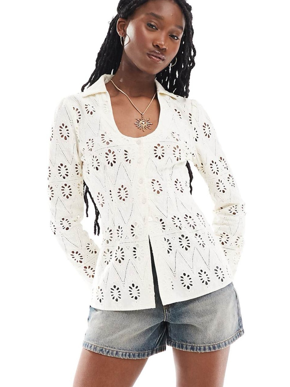 Reclaimed Vintage Cream Eyelet Button-Up Top